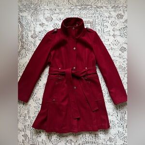 Calvin Klein Dark Red Wool Blend Long Pea Coat Jacket with Pleated Bottom Size S